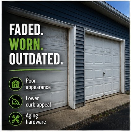 Faded, worn, outdated garage doors — poor appearance, lower curb appeal, aging hardware