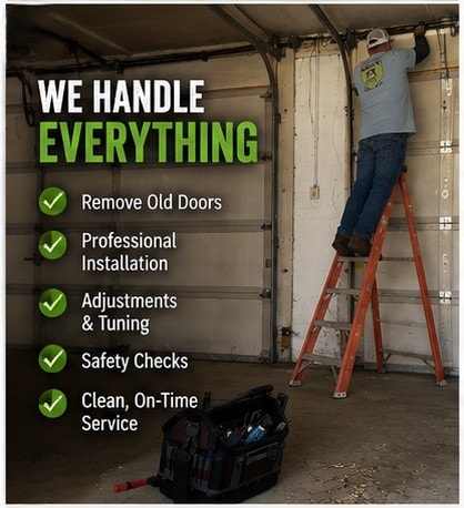 We handle everything — remove old doors, professional installation, adjustments and tuning, safety checks, clean on-time service